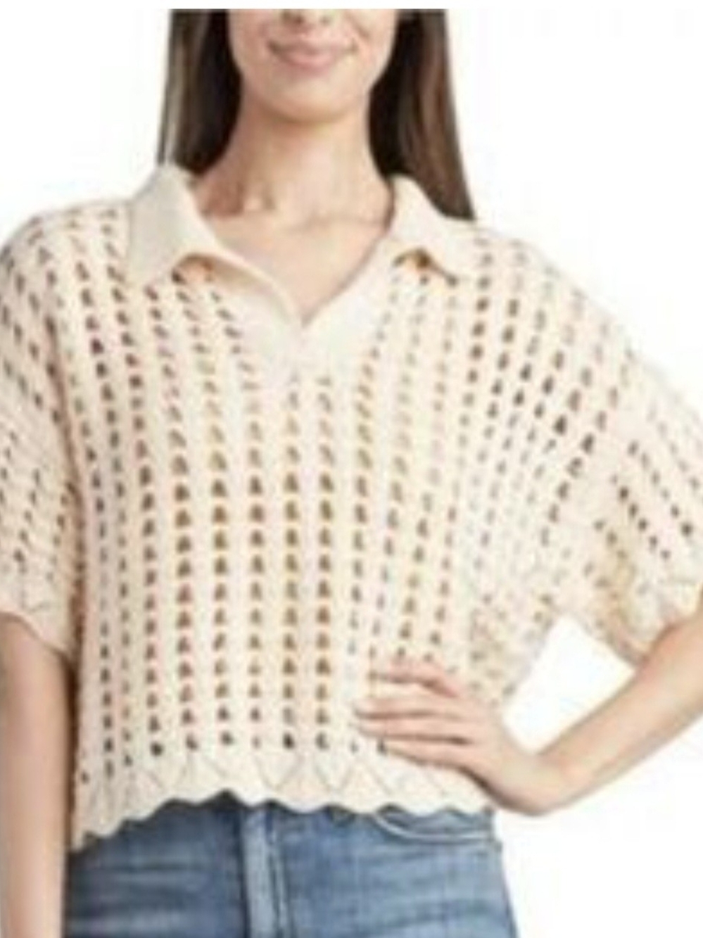 A. Byer Cream Open-Knit V-Neck Polo Sweater